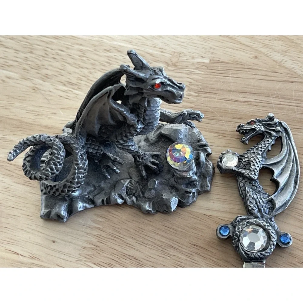 Sunglo 1990 Metal Dragon Letter Opener And‎ Holder With Rhinestones